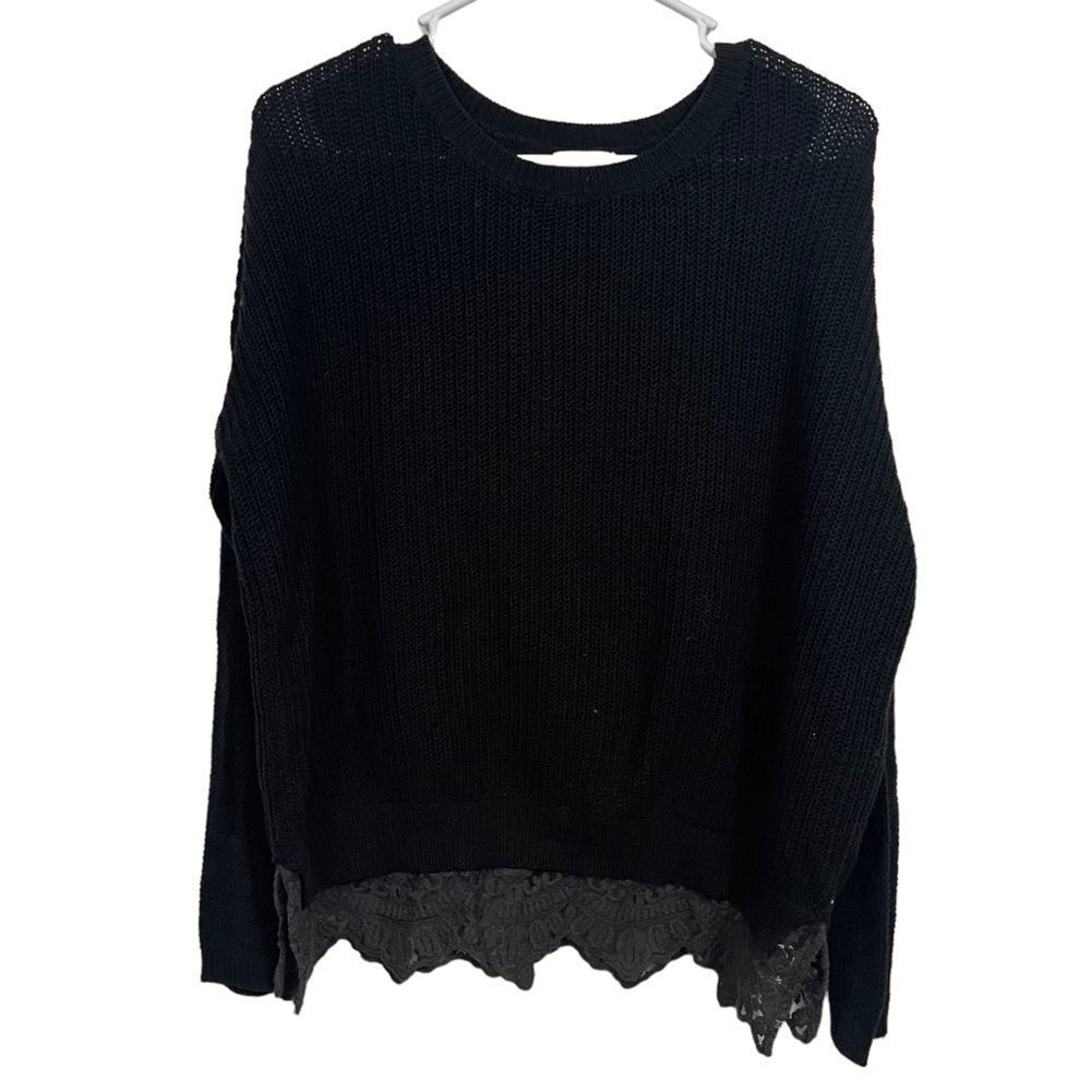 Anthropologie Pins & Needles Black Lace Trim Crewneck Sweater